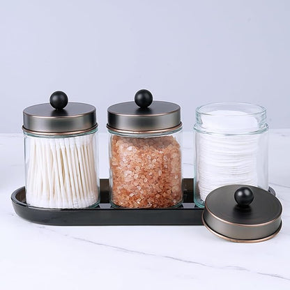 SheeChung 3pcs Glass Qtip Holder with Tray - Oil Rubbed Bronze Bathroom Storage Jars - Apothecary Jar Set for Cotton Swabs & Floss Picks - Decorative Vanity Organizer