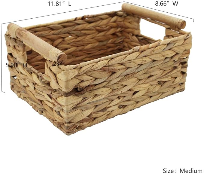 Storage Basket made by Water Hyacinth with Wood Handles, Arts and Crafts. (Medium)