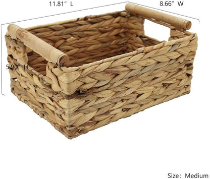 Storage Basket made by Water Hyacinth with Wood Handles, Arts and Crafts. (Medium)