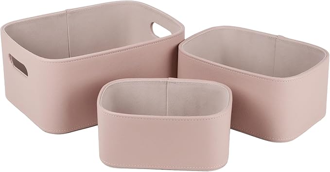 HofferRuffer Faux Leather Storage Baskets Bins with Velvet Lining for Organizing, Storage, Gifts, Set of 3 Nesting Shelf Baskets Decorative Storage Boxes for Home Organization (Pink)