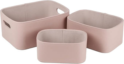 HofferRuffer Faux Leather Storage Baskets Bins with Velvet Lining for Organizing, Storage, Gifts, Set of 3 Nesting Shelf Baskets Decorative Storage Boxes for Home Organization (Pink)