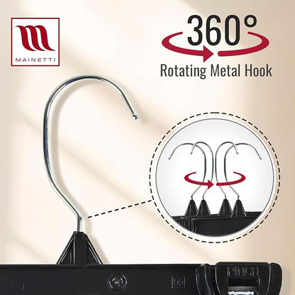 MAINETTI - 6008SMB20 Mainetti 6008 Black Plastic Children's Hangers - 20 Pack with Rotating Metal Hook and Sturdy Plastic Non-Slip Clips, Great for Pants/Skirts/Slacks/Bottoms, 8 Inch