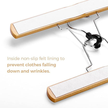 HOUSE DAY Wooden Pants Hangers 10 Pack, Non Slip Wood Skirt Hangers, Wood Clamp Hanger for Pants, Jeans, Slacks, with 360° Swivel Hook