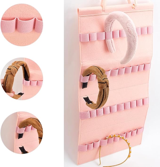 Felt Hanging Headband Holder with 40 Elastic Bands Bow Hanger Pink Wall Headbands Display Organizer Ribbon Hair Hoops Storage Hairbands Hair Accessory Holder for Home Women Hair Bows