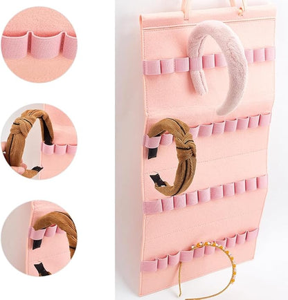 Felt Hanging Headband Holder with 40 Elastic Bands Bow Hanger Pink Wall Headbands Display Organizer Ribbon Hair Hoops Storage Hairbands Hair Accessory Holder for Home Women Hair Bows