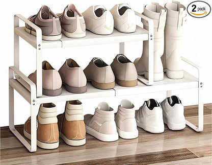 Expandable 1-Tier Metal Shoe Rack (H:10"), Adjustable Width 14.9"-23.6", Heavy-Duty Stackable Free-Standing Shoe Shelf for Closet & Entryway – 2-Pack Set