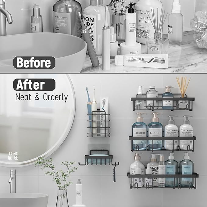 Liuoud 5 Pack Shower Caddy Organizer Rack Shelf for Inside Shower, Self Adhesive Bathroom Wall Storage Basket Rustproof Stainless Steel Large Capacity Shampoo Holder, Dark Grey