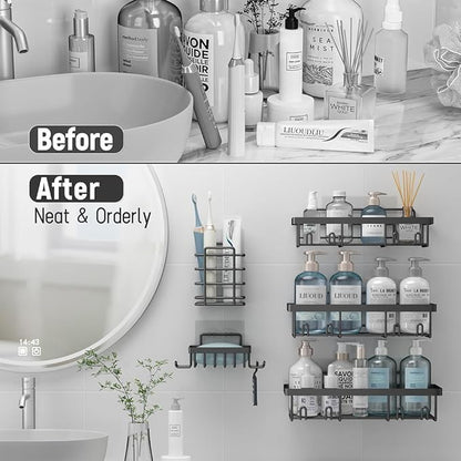 Liuoud 5 Pack Shower Caddy Organizer Rack Shelf for Inside Shower, Self Adhesive Bathroom Wall Storage Basket Rustproof Stainless Steel Large Capacity Shampoo Holder, Dark Grey