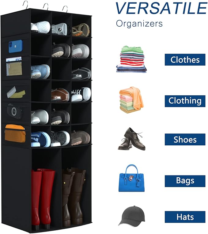 Hanging Shoe Organizer for Closet,18+2 Sections Hanging Shoe Closet Organizers and Storage with 10 Mesh Pockets, Boot Storage, Black