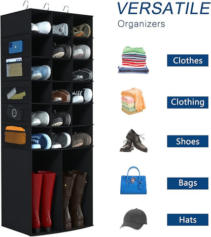 Hanging Shoe Organizer for Closet,18+2 Sections Hanging Shoe Closet Organizers and Storage with 10 Mesh Pockets, Boot Storage, Black