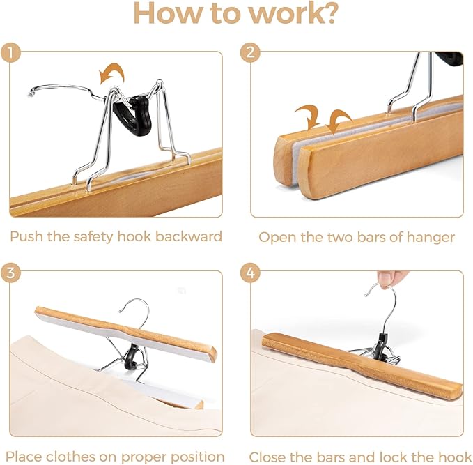 HOUSE DAY Wooden Pants Hangers 10 Pack, Non Slip Wood Skirt Hangers, Wood Clamp Hanger for Pants, Jeans, Slacks, with 360° Swivel Hook