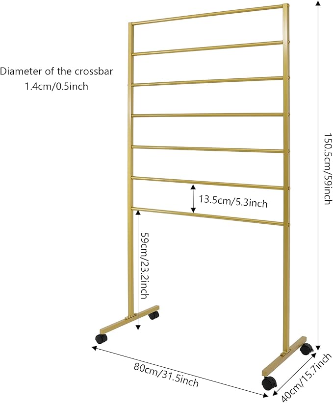 Metal Scarf Display Stand with 360 Swivel Caster Wheels, 7-Tier Movable Freestanding Scarf Holder, Hijab Hanger for Clothing Store Boutique Display Commercial Home (Gold)