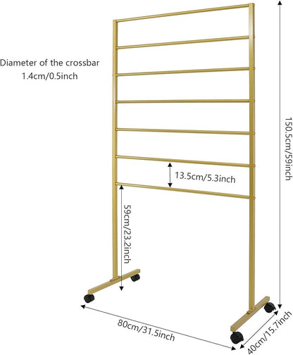 7 Tier Metal Display Rack with Wheels, Floor Standing Scarf Display Stand, Hijab Rack for Retail Stores, Towel, Belts, Ties, and Pants (Gold, 7 Tier)