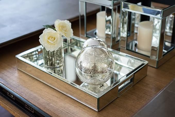 Rectangle Silver Mirror Decorative Tray Size 11” Length x 14” Width x 2” Height, Mirrored Vanity Organizer with Hand, Markup Perfume Jewelry Tray for Bathroom Bedroom Dresser Coffee Table qmdecor