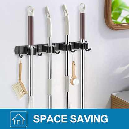 IMILLET Broom and Mop Holder Wall Mounted, Stainless Steel Broom Organizer Heavy Duty Tools Organizer Self Adhesive Mop Holder for Home Laundry Room Garage Garden (4 Racks and 5 Hooks)