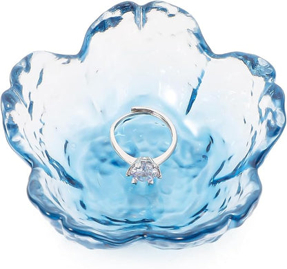 Qianyu Blue Flower Ring Dish Small Key Bowl Aesthetic Glass Trinket Tray Engagement Wedding Ring Holder Plate Room Decor Jewelry Dish Organizing Necklace Earrings for Mom Friend Sister