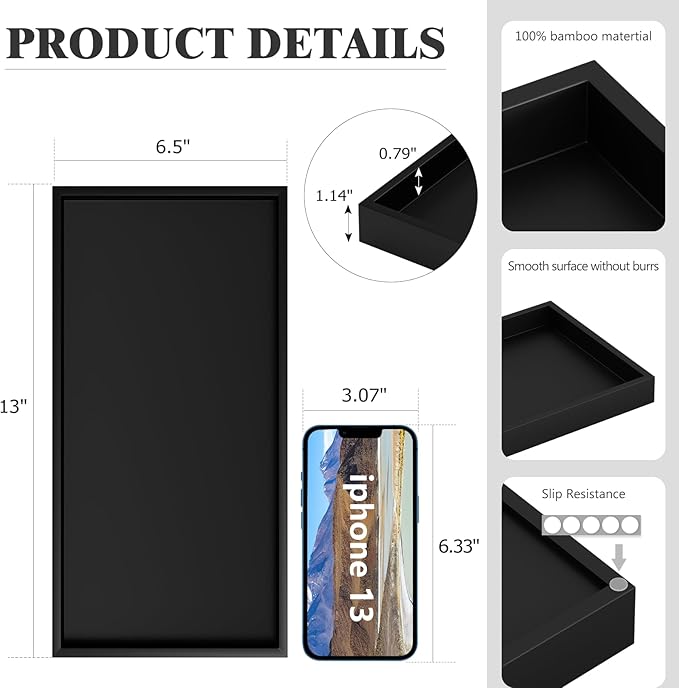ZHWS Black Bathroom Vanity Tray for Countertop Perfume Makeup Jewelry Candle Decor, Kitchen Tray for Soap Dispenser Spice Salt, Large Black Tray for Toilet Tank Paper, Serving Nightstand 13”x6.5”