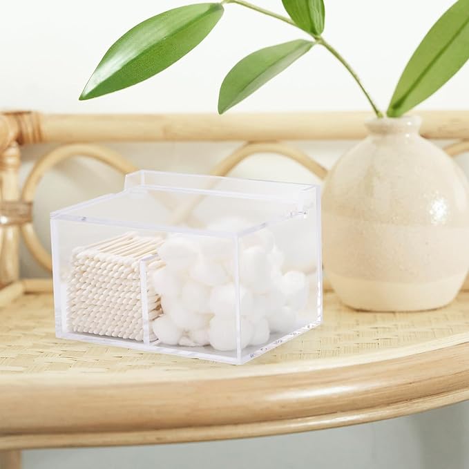 Tbestmax 2-Grid Qtip Holder, 4mm Thickness Cotton Ball Swab Organizer Acrylic Rectangle Bathroom Canister Makeup Pad Cosmetic Storage - Clear