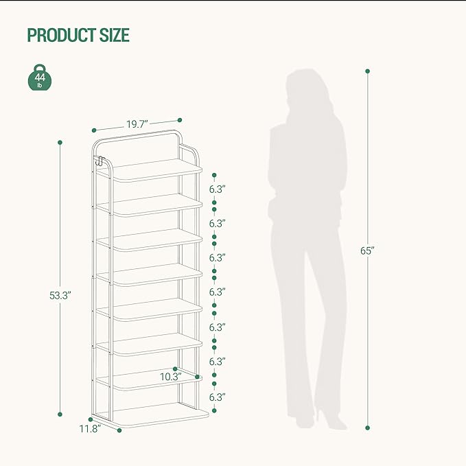 Hzuaneri 8 Tiers Widened Vertical Shoe Rack, Narrow Shoe Tower, Tall Shoes Shelf with 2 Hooks, Adjustable Shelves, Corner Shoes Shelves for Small Spaces, Entryway, Living Room, Rustic Brown SR12501B