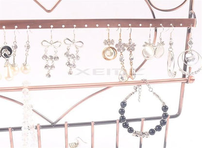 Wall Hanging Jewelry Organizer Holder, 28 Hooks Wall Mounted Storage Shelf, Heart Shape Earrings Necklace Display, Bracelet Key Chain Bangle Metal Hanger Rack – Gift for Ladies Women (Brown)