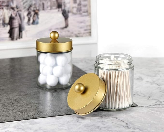 Amolliar 4 Pack Apothecary Jars Bathroom Vanity Storage Organizer Set -Countertop Canister with Stainless Steel Lids &Cute Stickers - Qtip Dispenser Holder for Qtips,Cotton Swabs,Makeup Sponges(Gold)