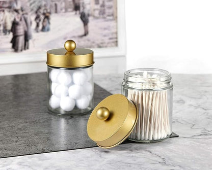 Amolliar 4 Pack Apothecary Jars Bathroom Vanity Storage Organizer Set -Countertop Canister with Stainless Steel Lids &Cute Stickers - Qtip Dispenser Holder for Qtips,Cotton Swabs,Makeup Sponges(Gold)