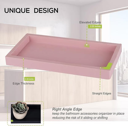 Small Silicone Bathroom Vanity Tray Rectangle Soap and Sponge Holder Kitchen Sink Organizer for Scrubber, Lotion Bottles, Perfume, Jewelry, Candle, Key Trinket Ring, Pink