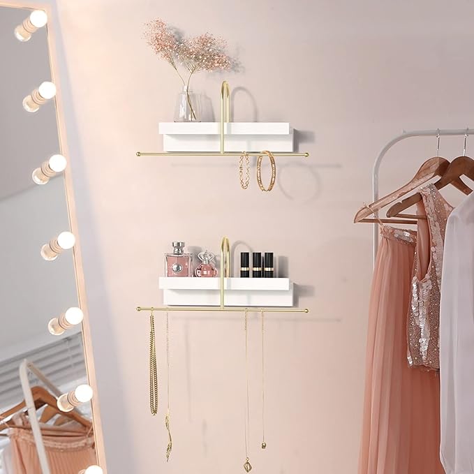 J JACKCUBE DESIGN Gold and White Wall Mounted Hanging Jewelry Organizer Holder Set of 2 for Necklaces, Rings, Bracelets and Earrings with White Display Shelf- MK692A