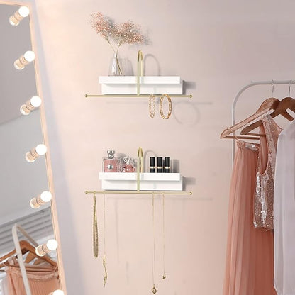 J JACKCUBE DESIGN Gold and White Wall Mounted Hanging Jewelry Organizer Holder Set of 2 for Necklaces, Rings, Bracelets and Earrings with White Display Shelf- MK692A