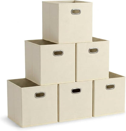 Fabric Storage Bins 6 Piece Set, Strong Poly-Woven Fabric, Sturdy Chipboard Sides, Grommet Front Handle, Stackable and Foldable, Classic Design, Cream
