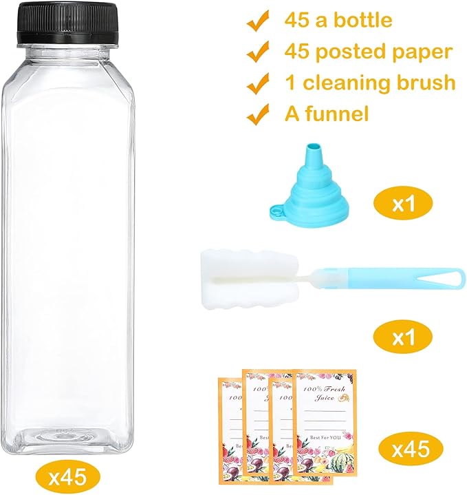 Dabacc Juice Bottles, 45Pcs 12oz Plastic Juice Bottles with Caps Airtight Reusable Clear Empty Water Containers Includes Label Funnel Brush for Juicing Drinking Beverage Smoothies Fridge（12oz）