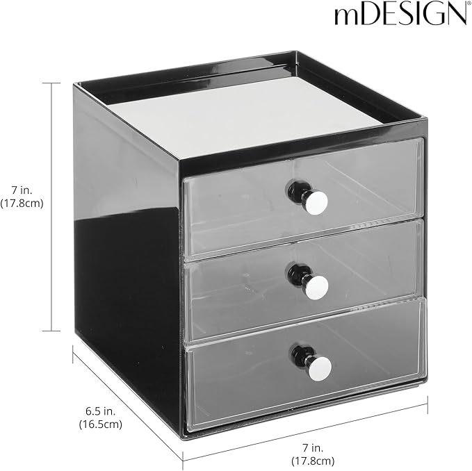 mDesign Makeup Organizer Storage Station Cube with 3 Drawers for Bathroom Vanity, Cabinet, Countertops - Holds Lip Gloss, Eyeshadow Palettes, Brushes, Blush, Mascara - Black/Clear