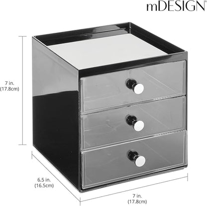 mDesign Makeup Organizer Storage Station Cube with 3 Drawers for Bathroom Vanity, Cabinet, Countertops - Holds Lip Gloss, Eyeshadow Palettes, Brushes, Blush, Mascara - Black/Clear