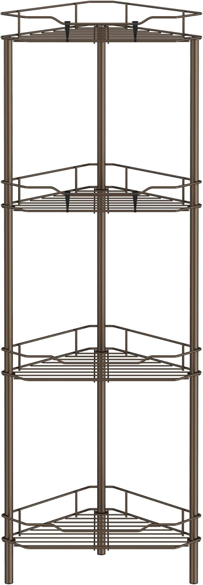 HuggieGems 4 Tier Floor Standing Corner Shower Caddy Organizer Shelf with Hooks, Bathroom Shelves Stand Rack, Bronze