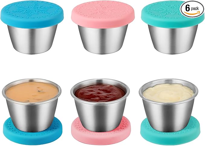 Freshmage [6 Pack 2.4oz] Stainless Steel Dressing Container with Silicone Lids, Reusable Leakproof Condiment Containers Small Sauce Container Sets