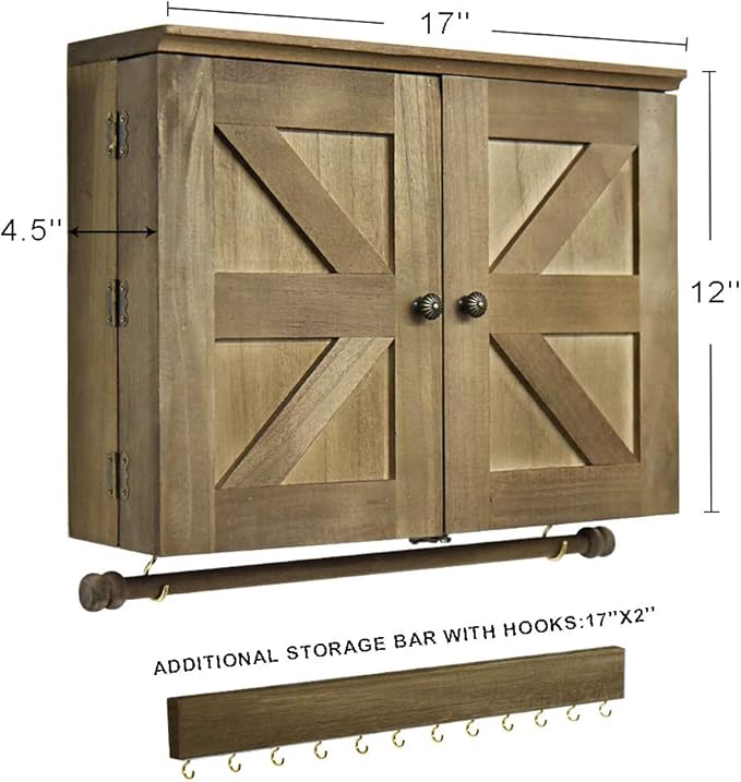 GLANT Rustic Wall Mounted Jewelry Organizer with Wooden Barndoor Decor， Wall Mount Holder,Jewelry holder for Necklaces, Earings, Bracelets，Ring Holder. Includes matching hook organizer (wood color)