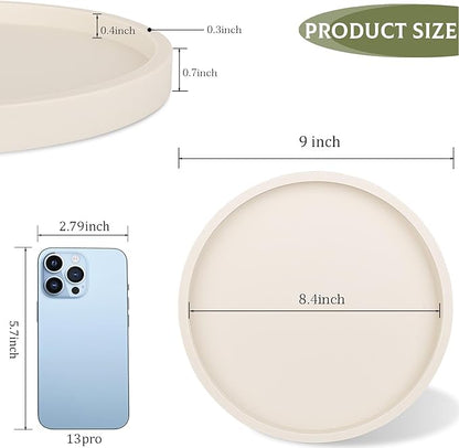 Silicone Bathroom Tray Round Vanity Tray Decorative Soap Holder Kitchen Countertop Organizer Coffee Table Decor for Candle, Perfume, Plant, 9 Inch, Beige