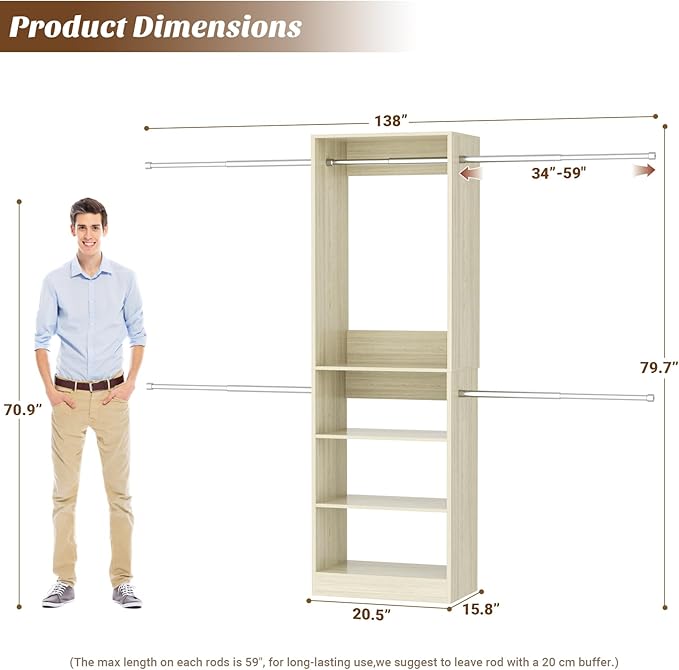 12FT Large Open Closet System, 138'' Wall-Mounted Closet Shelving with 5 Hanging Rods and 6 Shelves, Customizable Wardrobe for Walk-In Closets, Fits 5–12FT Spaces,White Oak