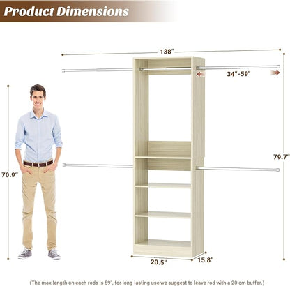 12FT Large Open Closet System, 138'' Wall-Mounted Closet Shelving with 5 Hanging Rods and 6 Shelves, Customizable Wardrobe for Walk-In Closets, Fits 5–12FT Spaces,White Oak