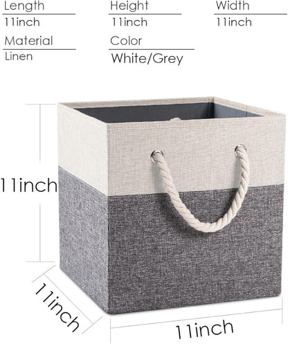 PRANDOM Large Foldable Cube Storage Bins 11x11 inch [2-Pack] Fabric Linen Storage Baskets Cubes Drawer with Cotton Handles Organizer for Shelves Nursery Closet Bedroom White and Grey