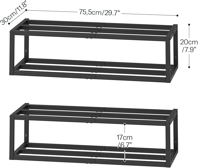 HOOBRO Wall-Mounted Shoe Rack, 2 Pack Hanging Metal Shoe Shelf, Space-Saving Shoe Storage Organizer, Holds 12-16 Pairs, Shoe Holder for Entryway, Closet, Small Spaces, Black BK44XJP201