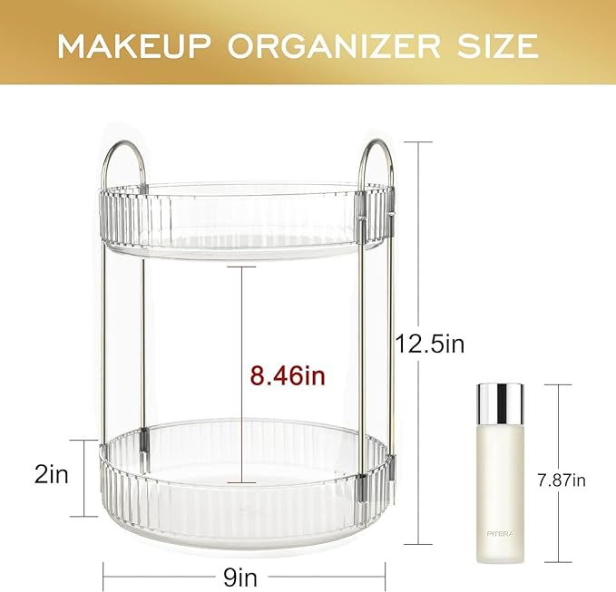 360 Rotating Makeup Organizer and Storage for Vanity Countertop 2 Tiers, High Capacity Cosmetic Skincare Perfume Organizers for Dresser Bathroom Lazy Susan