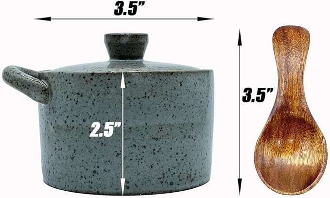 8 oz Ceramic Salt Cellar with Lid & Wooden Spoon,Countertop Salt Container,Sugar Bowl,Spices Jar| Artisan Kitchen Decor(Gray)