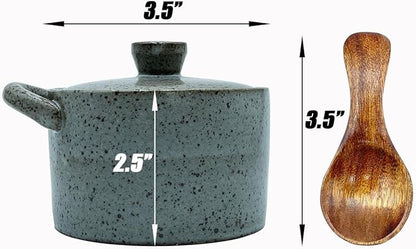 8 oz Ceramic Salt Cellar with Lid & Wooden Spoon,Countertop Salt Container,Sugar Bowl,Spices Jar| Artisan Kitchen Decor(Gray)