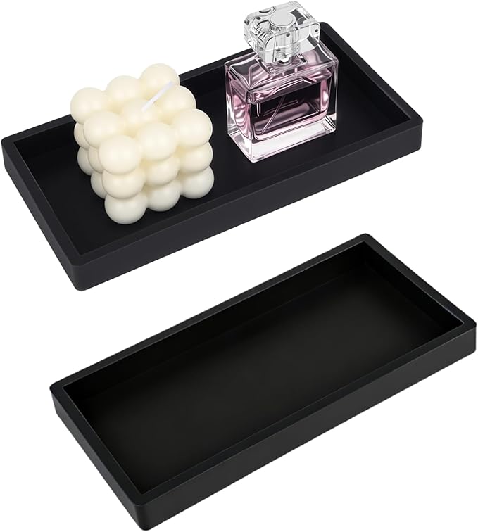 2Pcs Black Silicone Tray Bathroom Vanity Tray Silicone Countertop Trays for Toilet Kitchen Perfume Jewelry Candle Key (2, Small-7.95×4.02×0.78in)