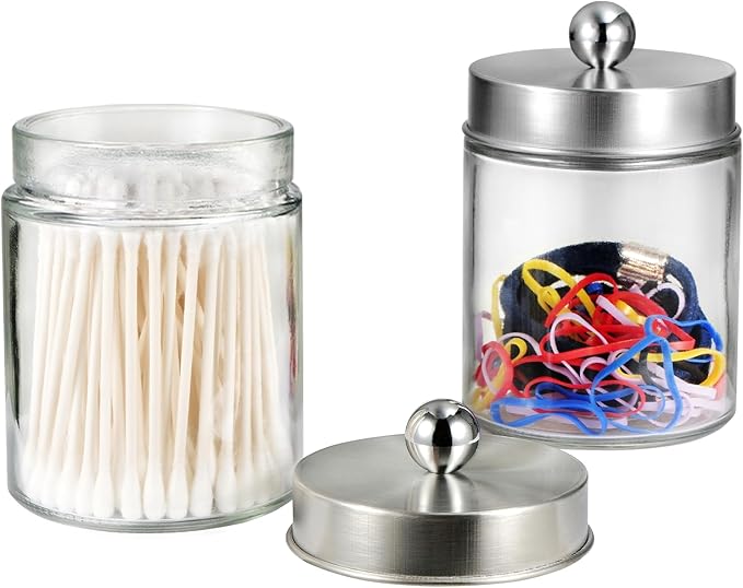 SheeChung 2-Pack Qtip Holder Dispenser - Glass Apothecary Jars with Rust-Proof Stainless Steel Lids - Modern Farmhouse Bathroom Vanity Organizer for Cotton Swabs, Balls, Pads(Brushed Nickel,2Pack)