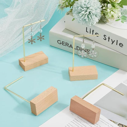 SUNNYCLUE 4pcs L Bar Earring Stand Brass Jewelry Stand Gold Brass Metal Ear Stud Earring Holders Hanger Display Organizer Shelf with Wood Base for Jewelry Bedroom Entryway Display Home Decorations