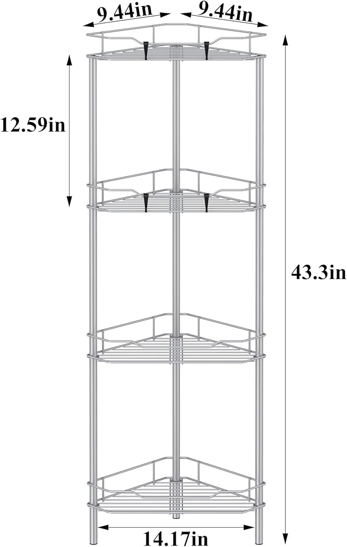 HuggieGems 4 Tier Floor Standing Corner Shower Caddy Organizer Shelf with Hooks, Bathroom Shelves Stand Rack, Silver