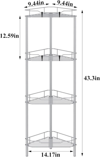 HuggieGems 4 Tier Floor Standing Corner Shower Caddy Organizer Shelf with Hooks, Bathroom Shelves Stand Rack, Silver