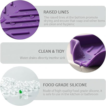 MicoYang Silicone Bathroom Soap Dishes with Drain Spout-Bathroom and Kitchen Sink Organizer,Sponge Holder,Dish Soap Tray,Perfect for Dispenser,Scrubber,Bottle,Cup on Sink or Counter-Purple 4.9"×3.2"